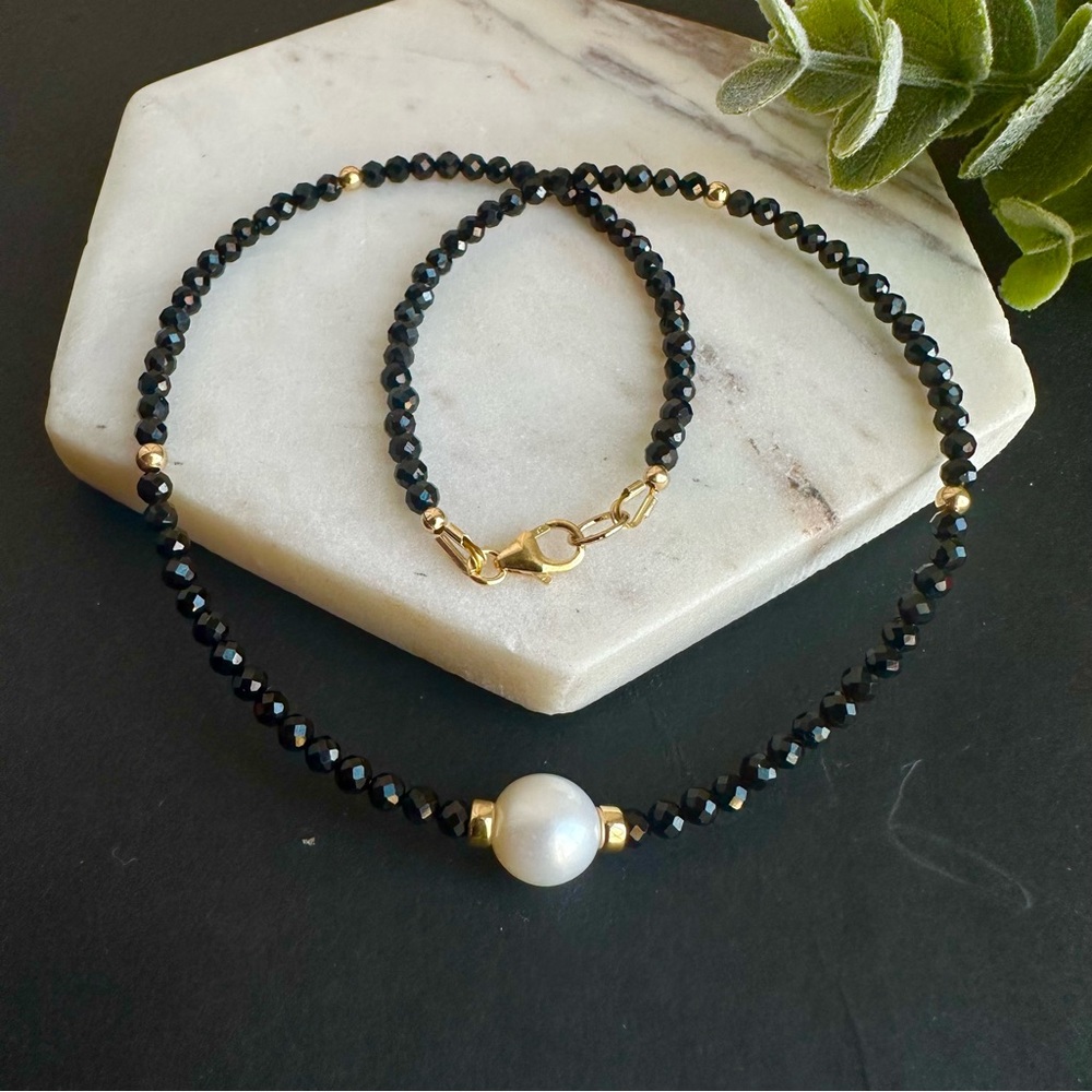 Black Tourmaline Necklace Natural pearl 14k gold